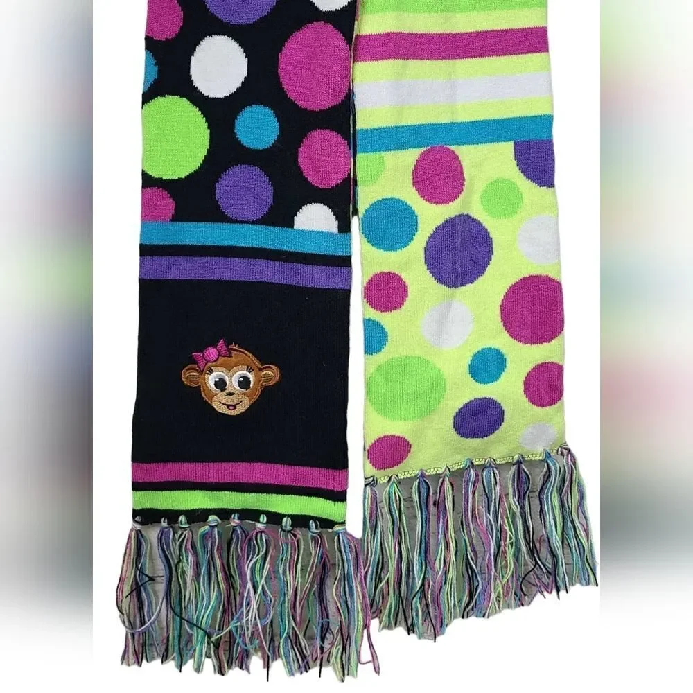 Justice Colorful Reversible Knit Fringe Trim Monkey Embroidered Long Scarf Dots